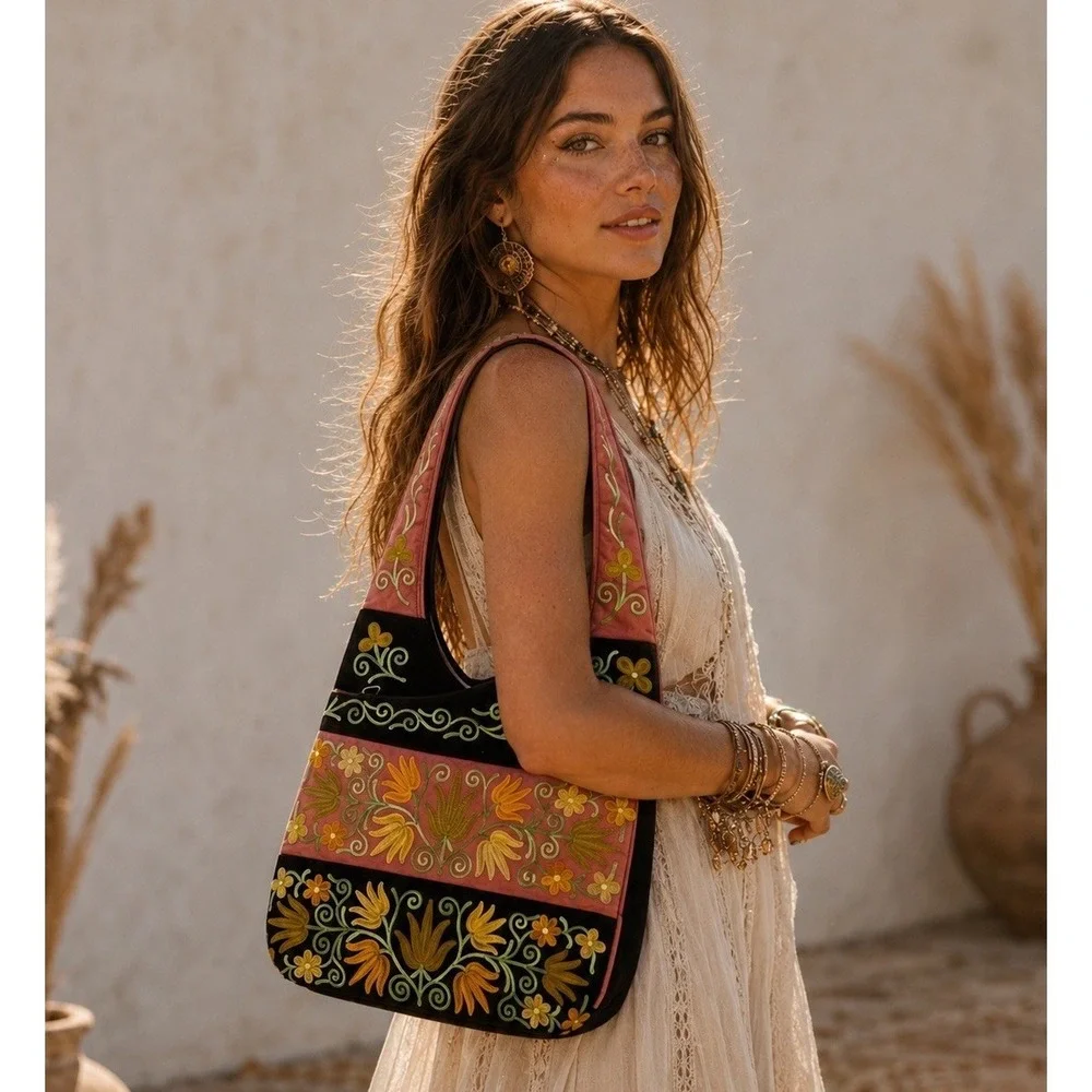 Embroidered Floral Boho Shoulder Bag Brown Pink‎ Hobo Purse Festival Hippie